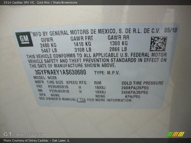 Gold Mist / Shale/Brownstone 2010 Cadillac SRX V6