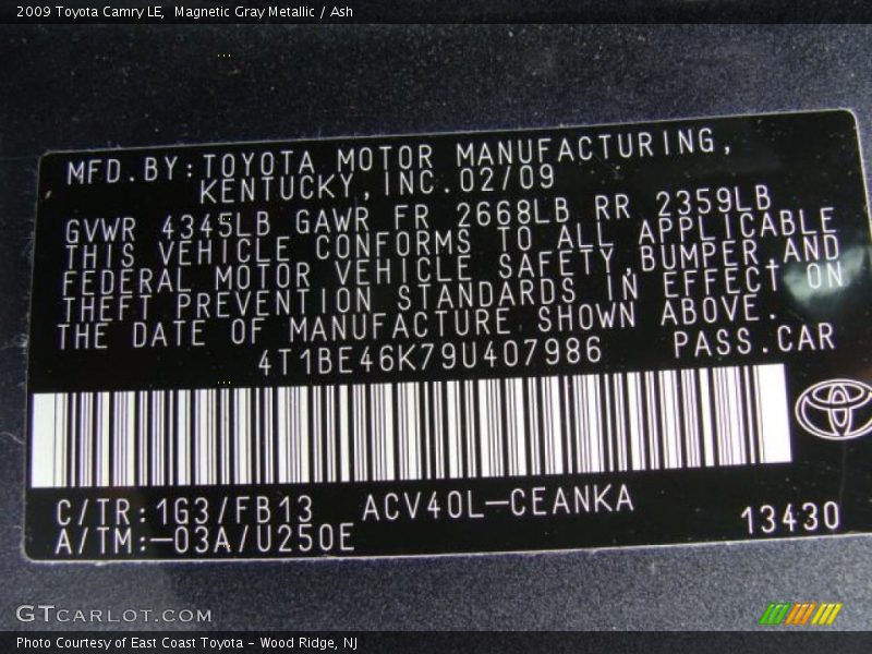 Magnetic Gray Metallic / Ash 2009 Toyota Camry LE