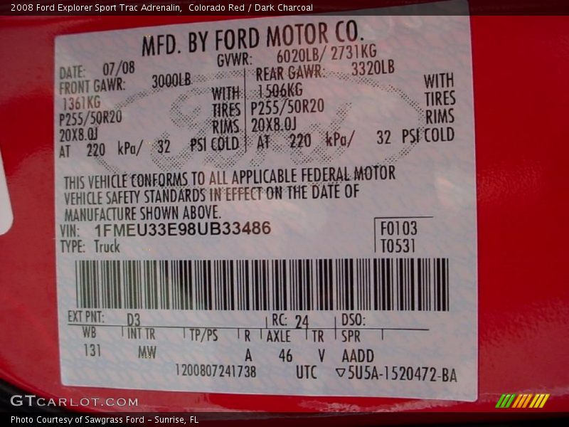 Colorado Red / Dark Charcoal 2008 Ford Explorer Sport Trac Adrenalin