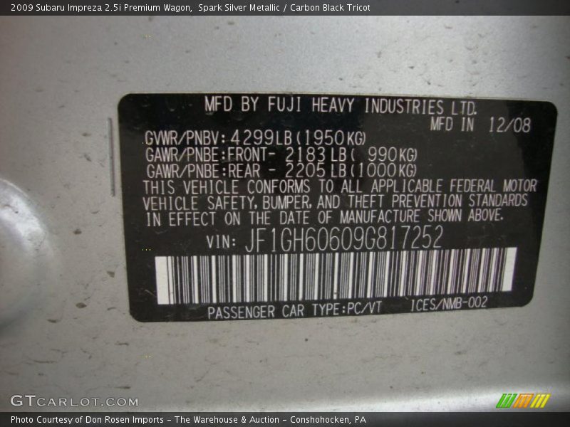 Spark Silver Metallic / Carbon Black Tricot 2009 Subaru Impreza 2.5i Premium Wagon