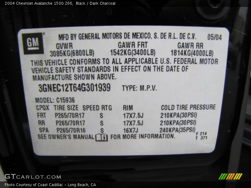 Black / Dark Charcoal 2004 Chevrolet Avalanche 1500 Z66