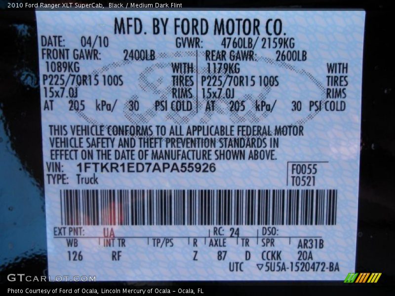 Black / Medium Dark Flint 2010 Ford Ranger XLT SuperCab