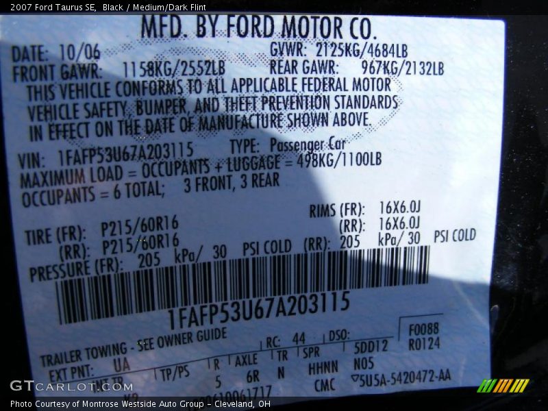 Black / Medium/Dark Flint 2007 Ford Taurus SE