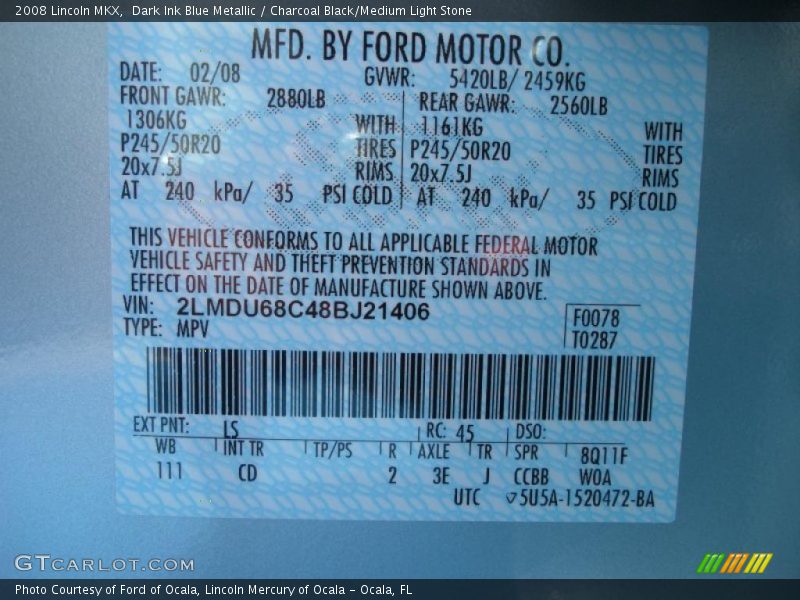 Dark Ink Blue Metallic / Charcoal Black/Medium Light Stone 2008 Lincoln MKX