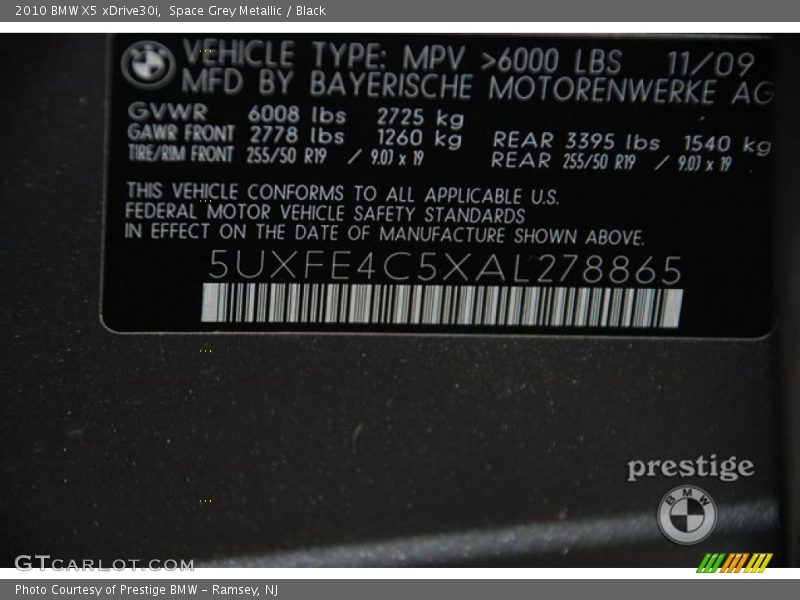 Space Grey Metallic / Black 2010 BMW X5 xDrive30i