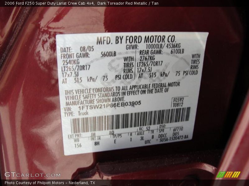 Dark Toreador Red Metallic / Tan 2006 Ford F250 Super Duty Lariat Crew Cab 4x4