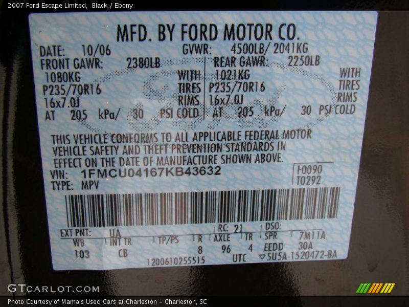 Black / Ebony 2007 Ford Escape Limited