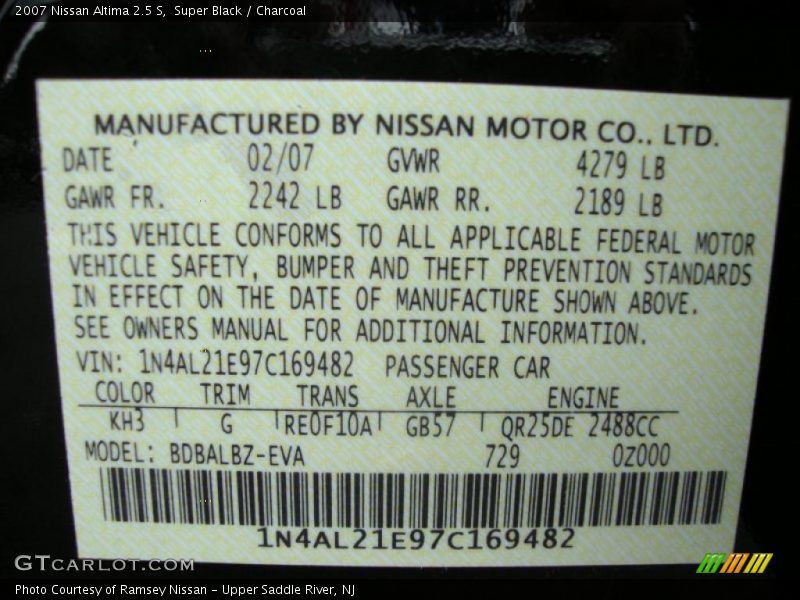 Super Black / Charcoal 2007 Nissan Altima 2.5 S