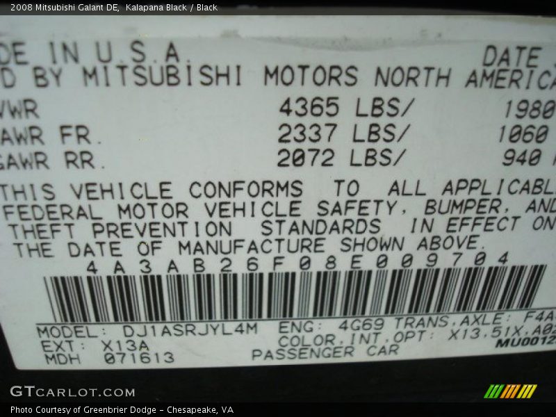 Kalapana Black / Black 2008 Mitsubishi Galant DE