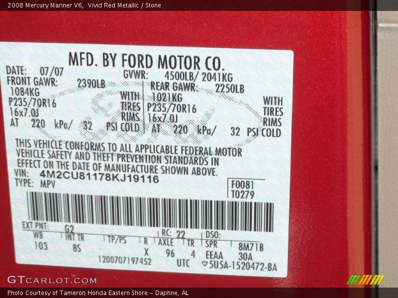 Vivid Red Metallic / Stone 2008 Mercury Mariner V6