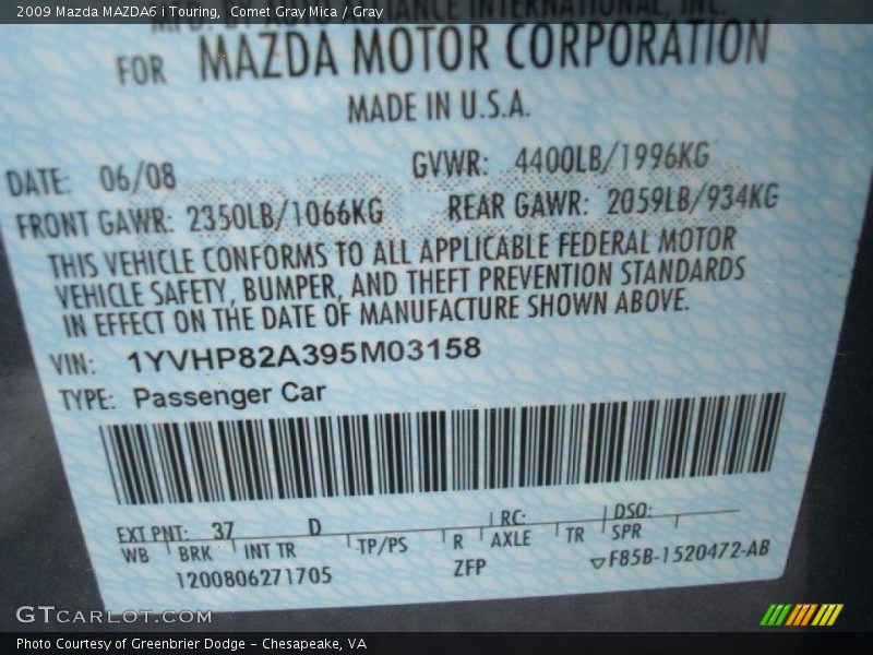 Comet Gray Mica / Gray 2009 Mazda MAZDA6 i Touring