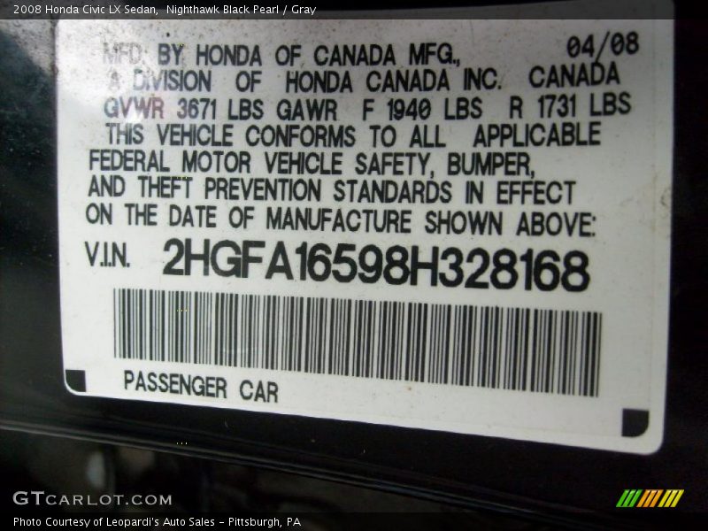 Nighthawk Black Pearl / Gray 2008 Honda Civic LX Sedan