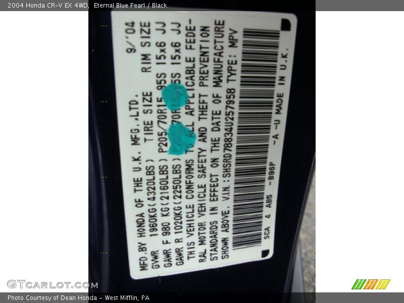 Eternal Blue Pearl / Black 2004 Honda CR-V EX 4WD