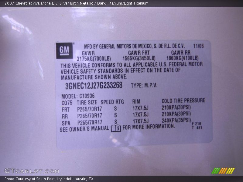 Silver Birch Metallic / Dark Titanium/Light Titanium 2007 Chevrolet Avalanche LT