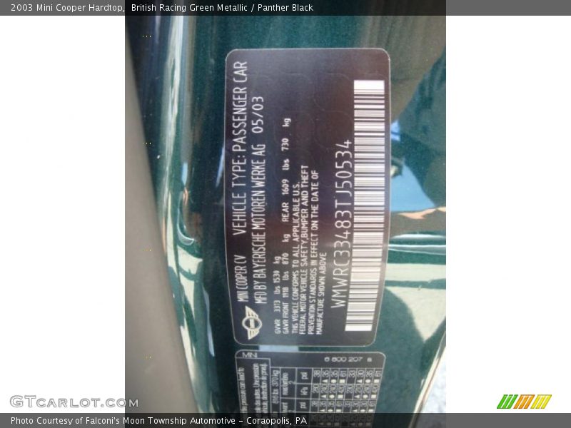 British Racing Green Metallic / Panther Black 2003 Mini Cooper Hardtop