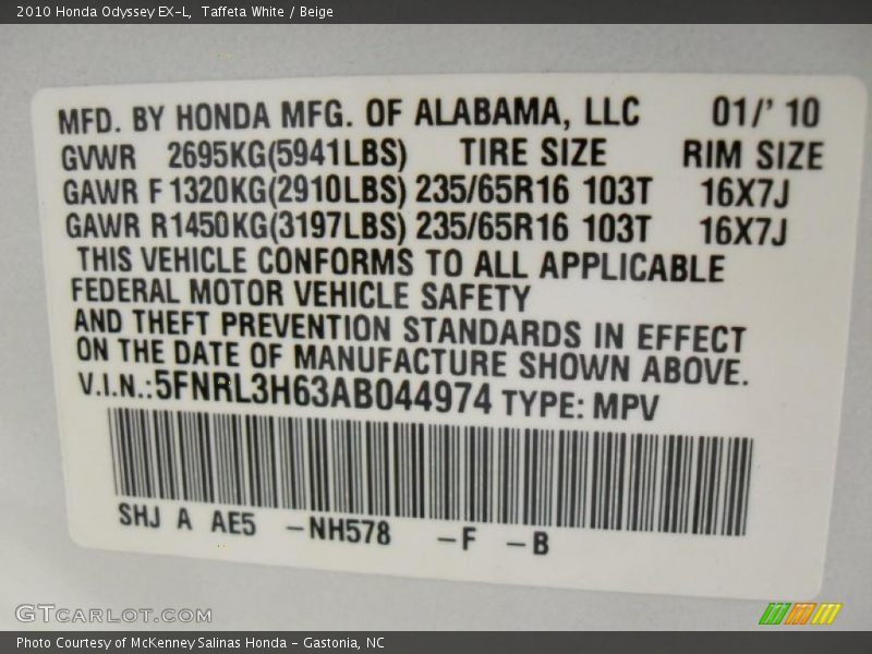 Taffeta White / Beige 2010 Honda Odyssey EX-L