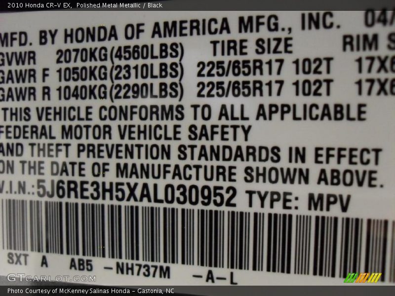 Polished Metal Metallic / Black 2010 Honda CR-V EX