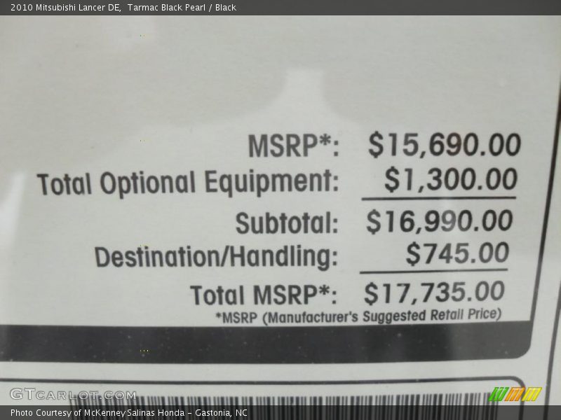 Tarmac Black Pearl / Black 2010 Mitsubishi Lancer DE