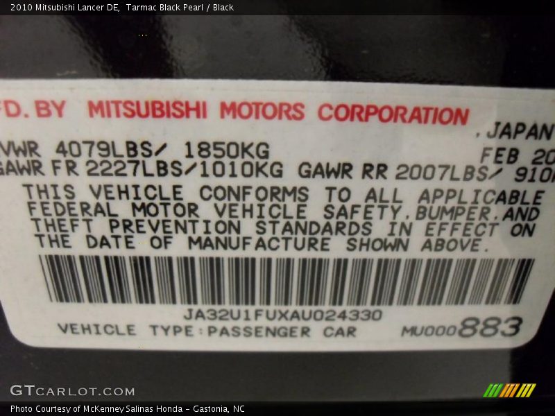 Tarmac Black Pearl / Black 2010 Mitsubishi Lancer DE