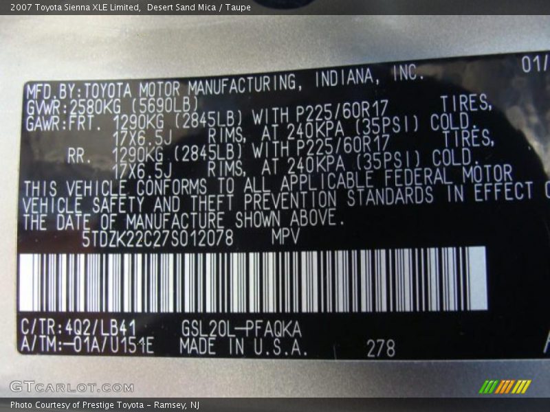 Desert Sand Mica / Taupe 2007 Toyota Sienna XLE Limited