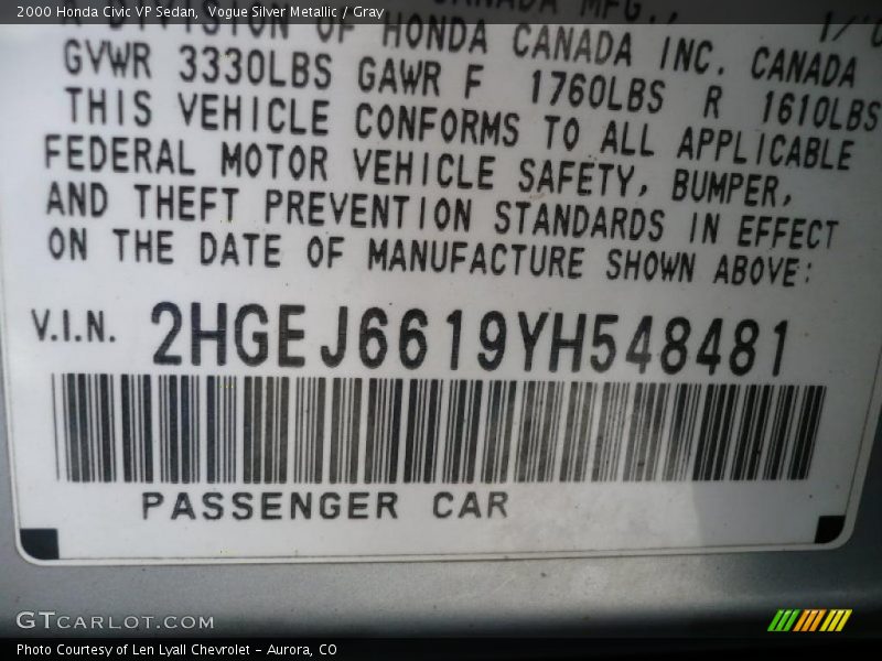 Vogue Silver Metallic / Gray 2000 Honda Civic VP Sedan