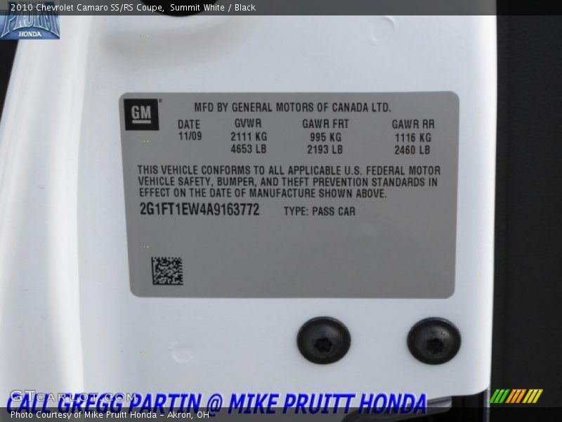 Summit White / Black 2010 Chevrolet Camaro SS/RS Coupe