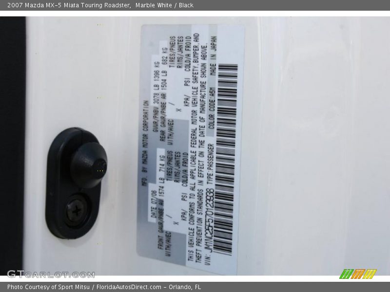 Marble White / Black 2007 Mazda MX-5 Miata Touring Roadster