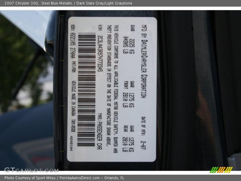 Steel Blue Metallic / Dark Slate Gray/Light Graystone 2007 Chrysler 300