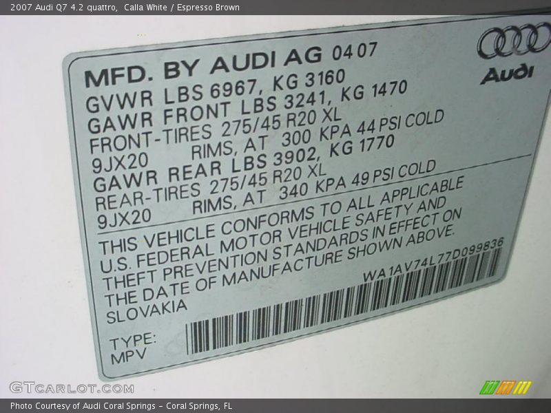 Calla White / Espresso Brown 2007 Audi Q7 4.2 quattro