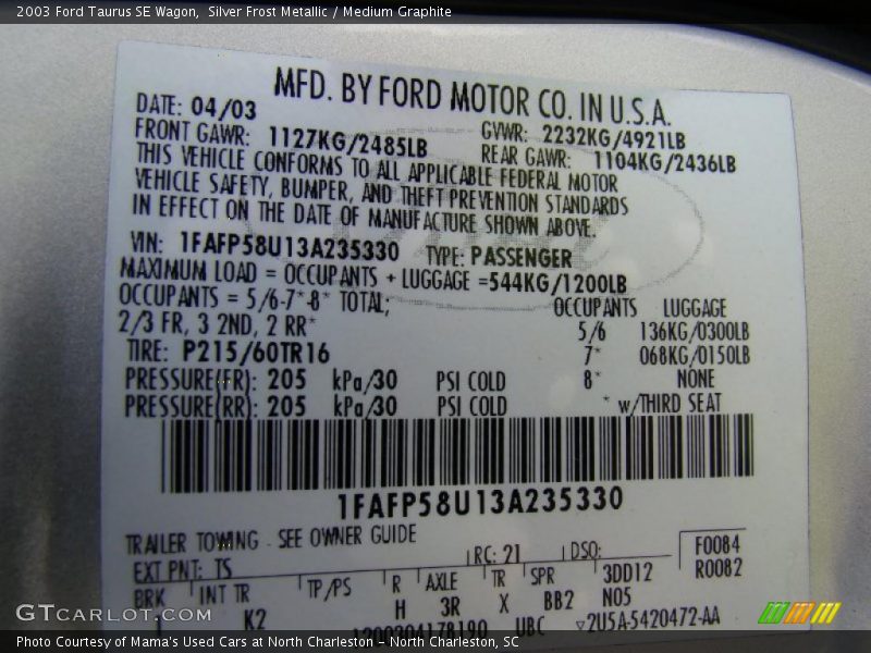 Silver Frost Metallic / Medium Graphite 2003 Ford Taurus SE Wagon