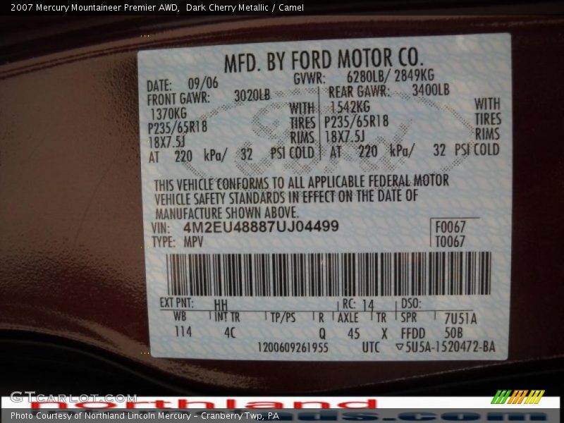 Dark Cherry Metallic / Camel 2007 Mercury Mountaineer Premier AWD