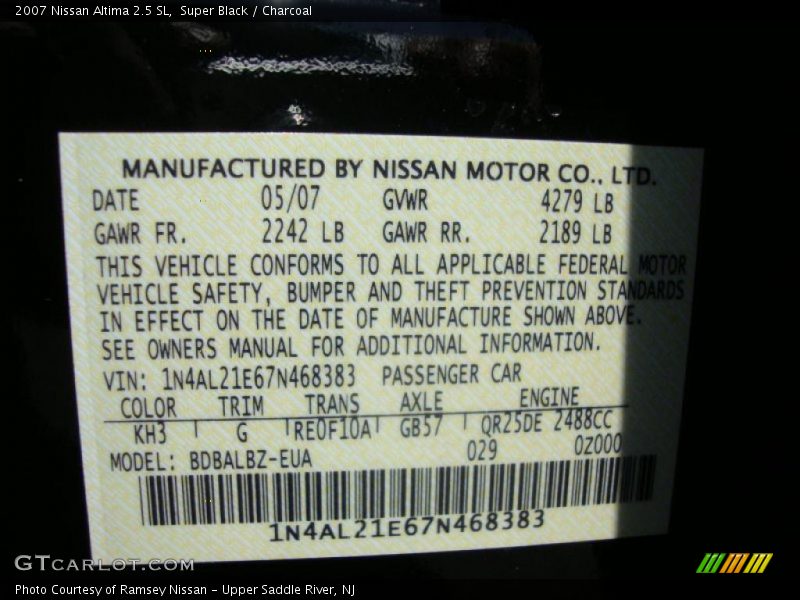 Super Black / Charcoal 2007 Nissan Altima 2.5 SL