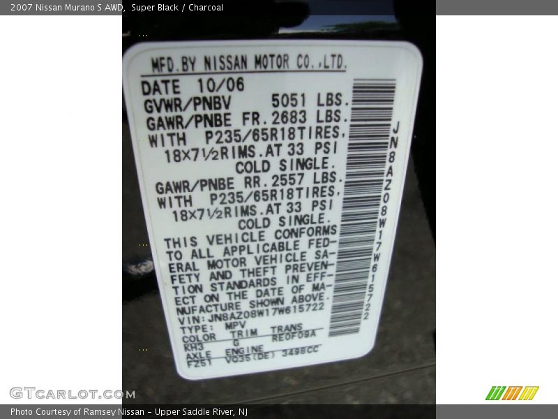 Super Black / Charcoal 2007 Nissan Murano S AWD