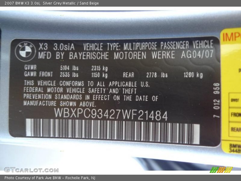 Silver Grey Metallic / Sand Beige 2007 BMW X3 3.0si