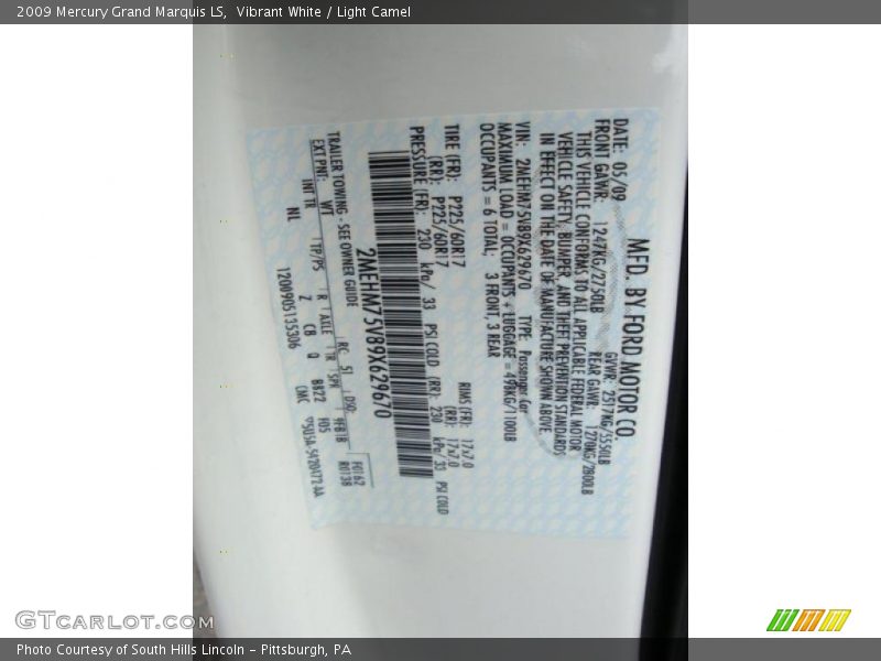 Vibrant White / Light Camel 2009 Mercury Grand Marquis LS