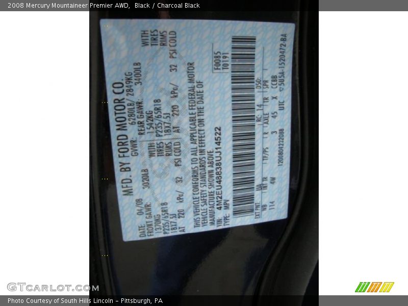 Black / Charcoal Black 2008 Mercury Mountaineer Premier AWD