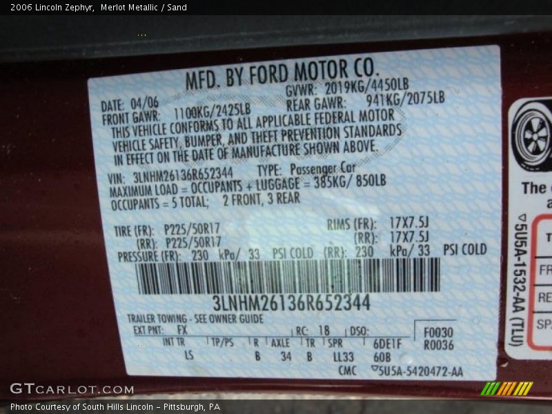 Merlot Metallic / Sand 2006 Lincoln Zephyr