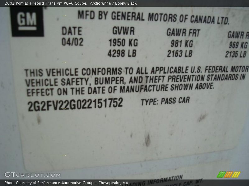 Arctic White / Ebony Black 2002 Pontiac Firebird Trans Am WS-6 Coupe