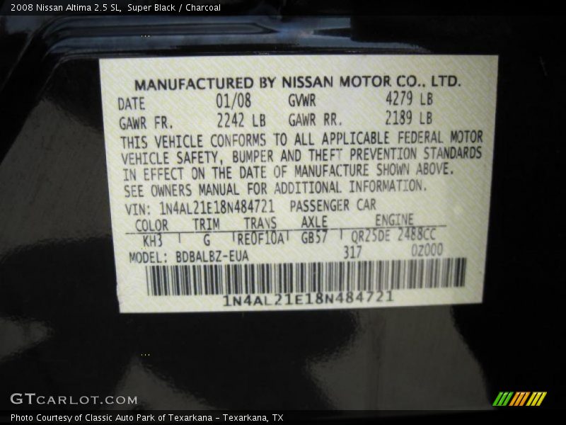 Super Black / Charcoal 2008 Nissan Altima 2.5 SL