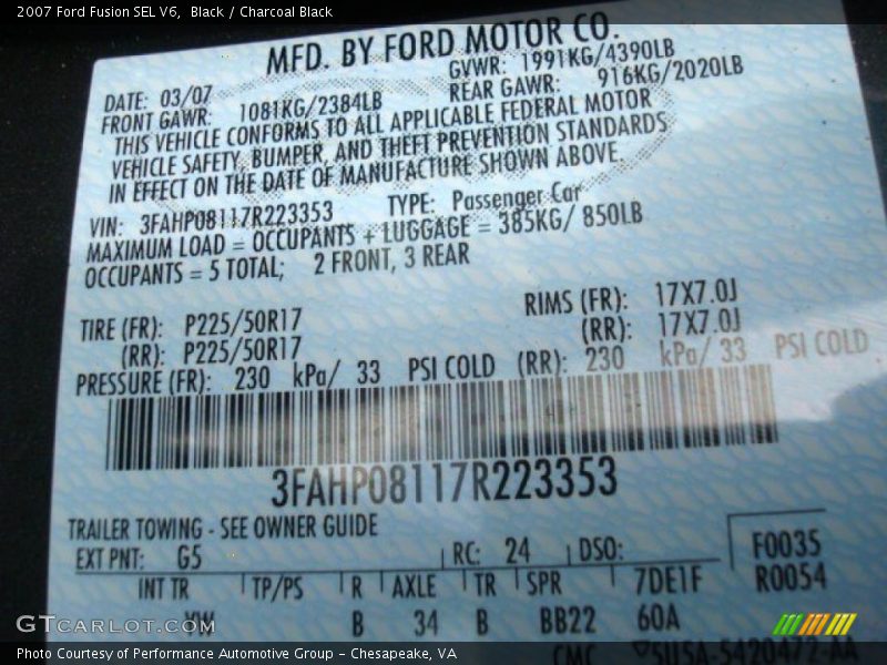 Black / Charcoal Black 2007 Ford Fusion SEL V6