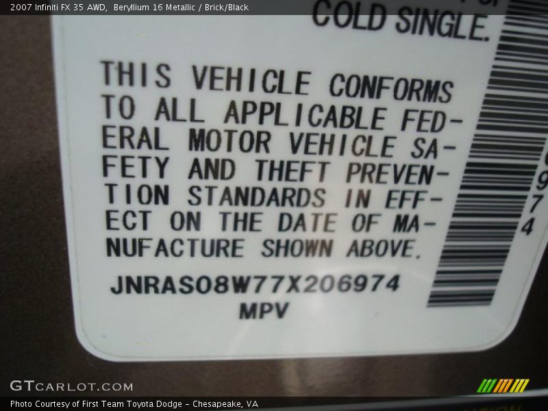Beryllium 16 Metallic / Brick/Black 2007 Infiniti FX 35 AWD