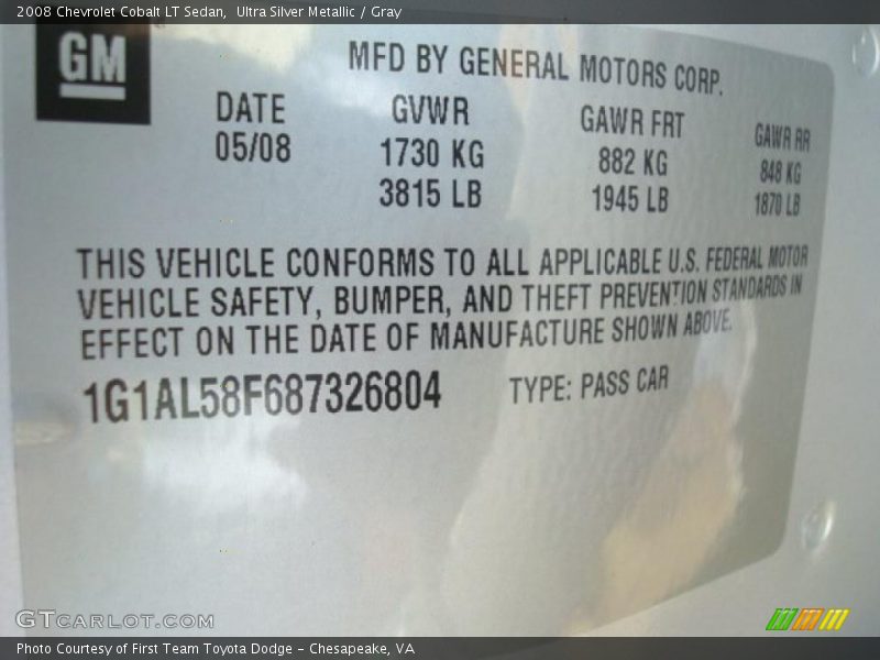Ultra Silver Metallic / Gray 2008 Chevrolet Cobalt LT Sedan
