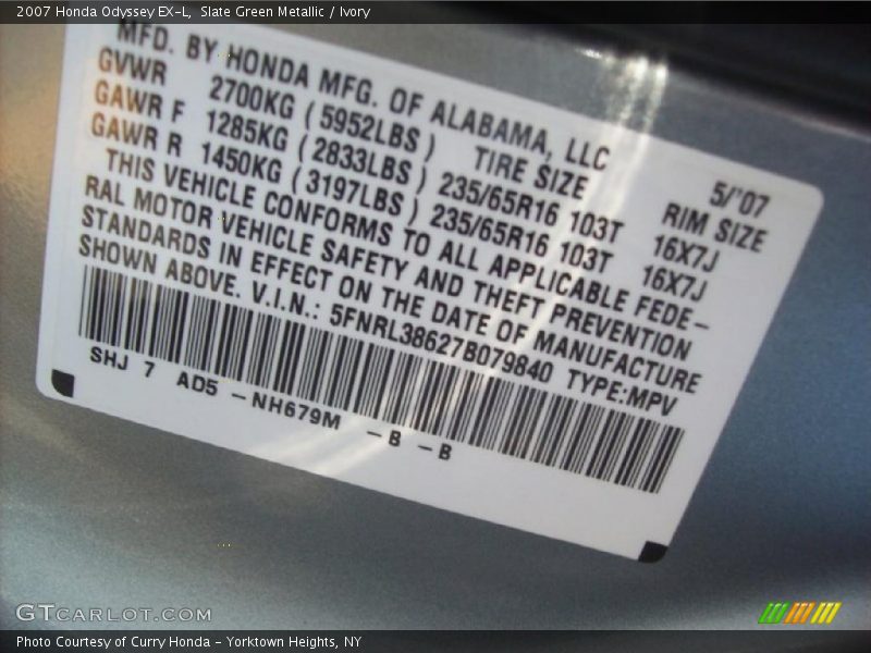 Slate Green Metallic / Ivory 2007 Honda Odyssey EX-L