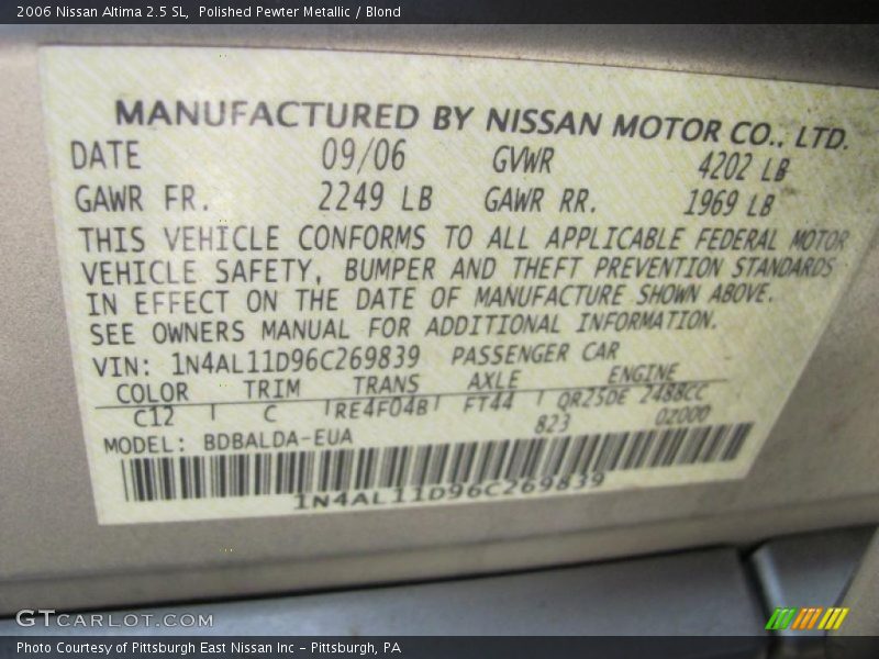Polished Pewter Metallic / Blond 2006 Nissan Altima 2.5 SL
