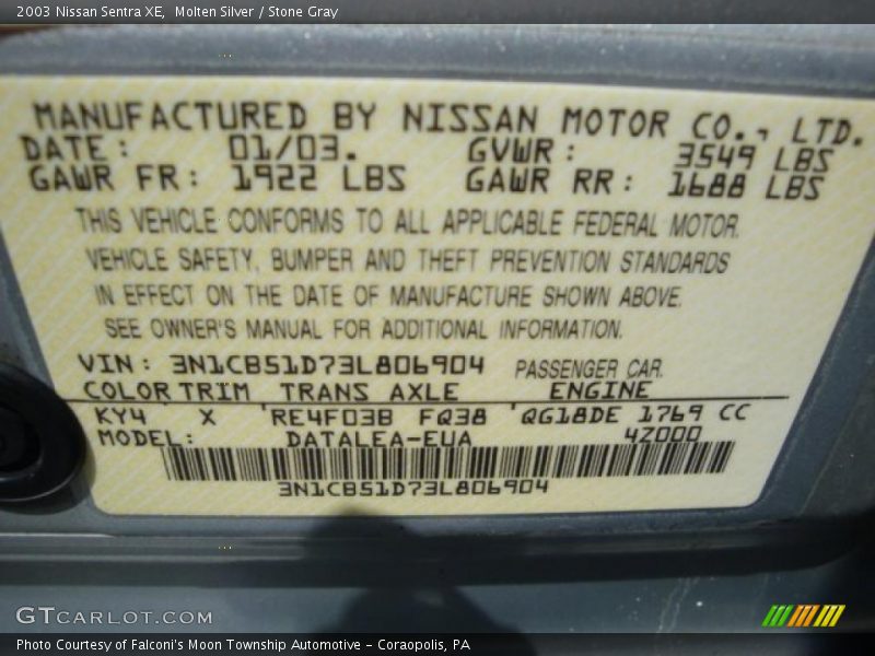 Molten Silver / Stone Gray 2003 Nissan Sentra XE
