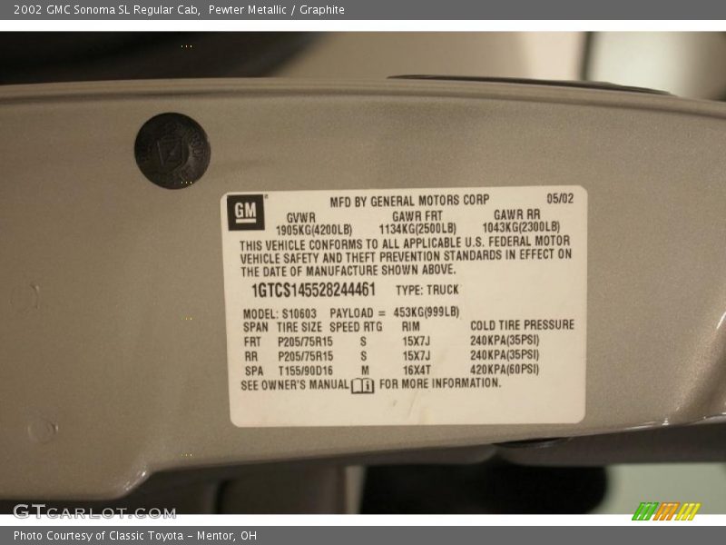 Pewter Metallic / Graphite 2002 GMC Sonoma SL Regular Cab