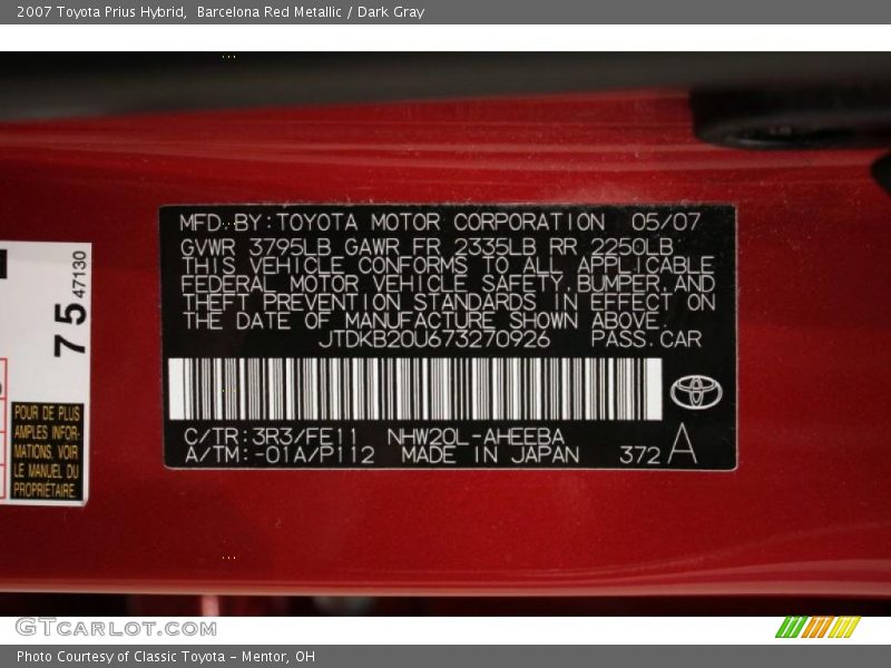 Barcelona Red Metallic / Dark Gray 2007 Toyota Prius Hybrid
