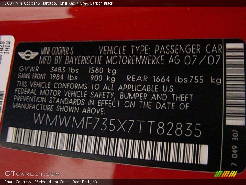 Chili Red / Grey/Carbon Black 2007 Mini Cooper S Hardtop