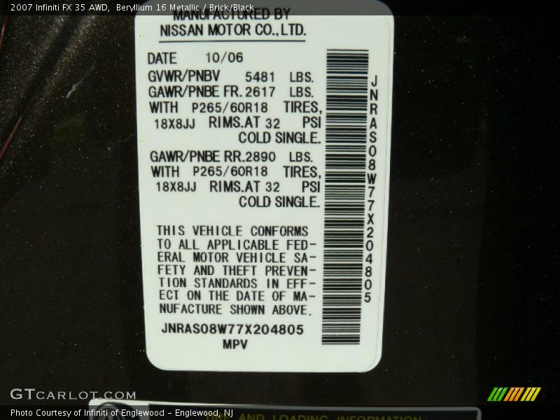 Beryllium 16 Metallic / Brick/Black 2007 Infiniti FX 35 AWD