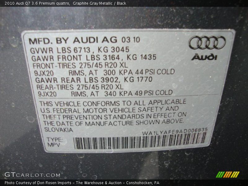 Graphite Gray Metallic / Black 2010 Audi Q7 3.6 Premium quattro